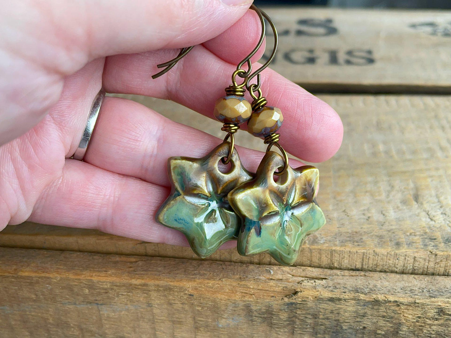 Rustic Green & Brown Earrings. Artisan Ceramic Statement Earrings. One of a Kind Jewellery