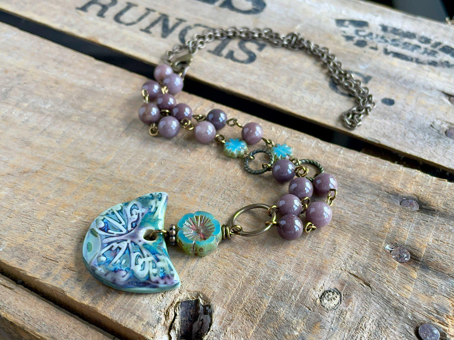 Purple & Green Artisan Ceramic Butterfly Pendant with Rustic Beads and Brass Chain. One of a Kind Jewellery