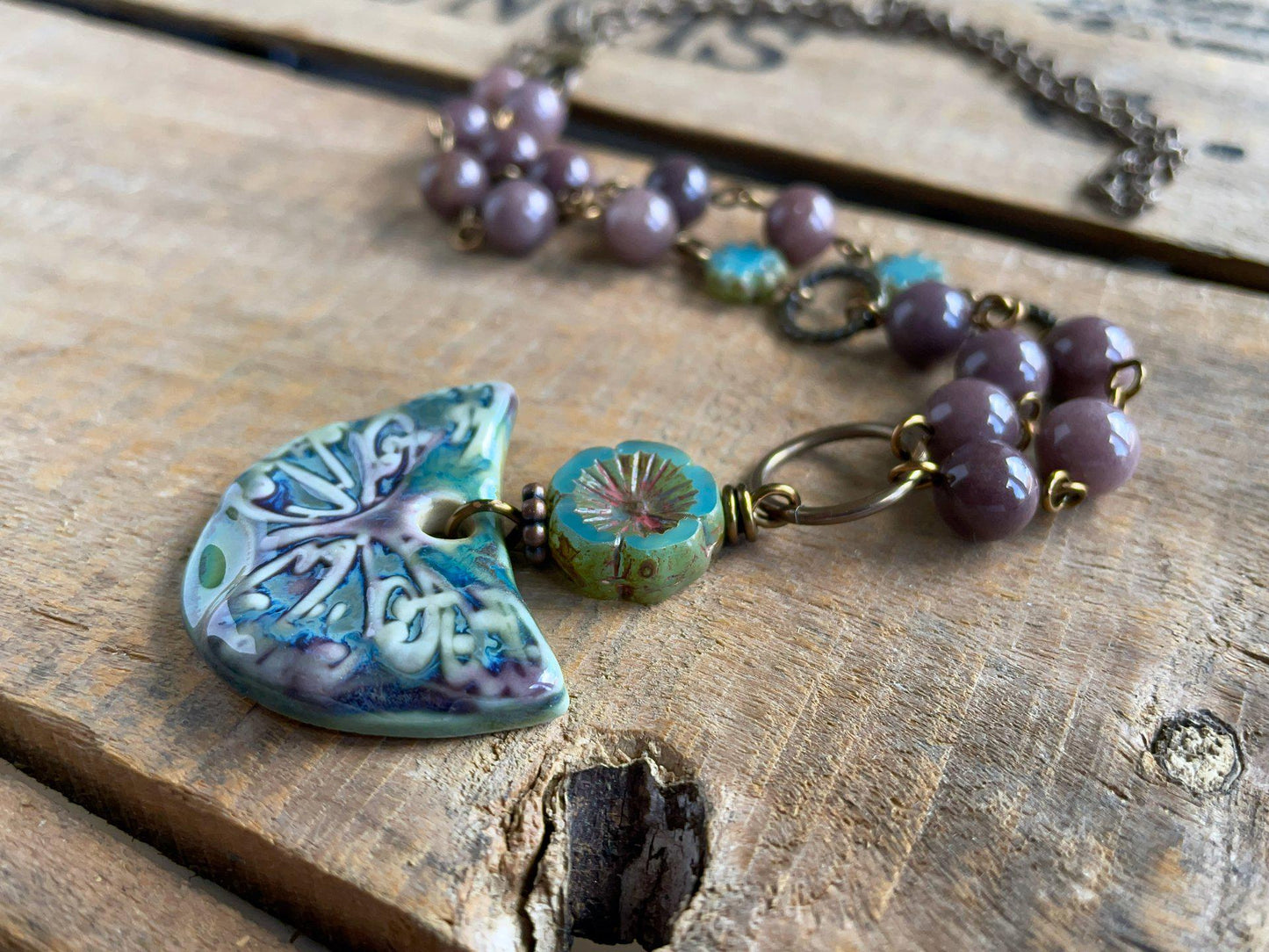 Purple & Green Artisan Ceramic Butterfly Pendant with Rustic Beads and Brass Chain. One of a Kind Jewellery