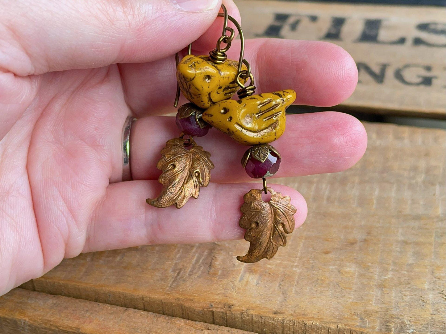 Rustic Yellow Czech Glass Bird Earrings. Autumn Earrings with Copper Leaf Charms. Nature Inspired Fall Jewellery