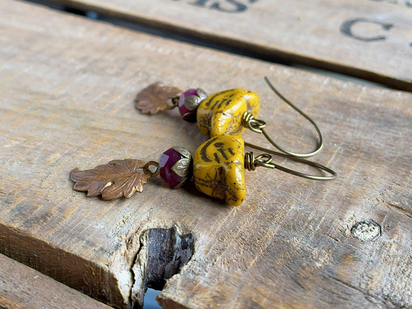 Rustic Yellow Czech Glass Bird Earrings. Autumn Earrings with Copper Leaf Charms. Nature Inspired Fall Jewellery