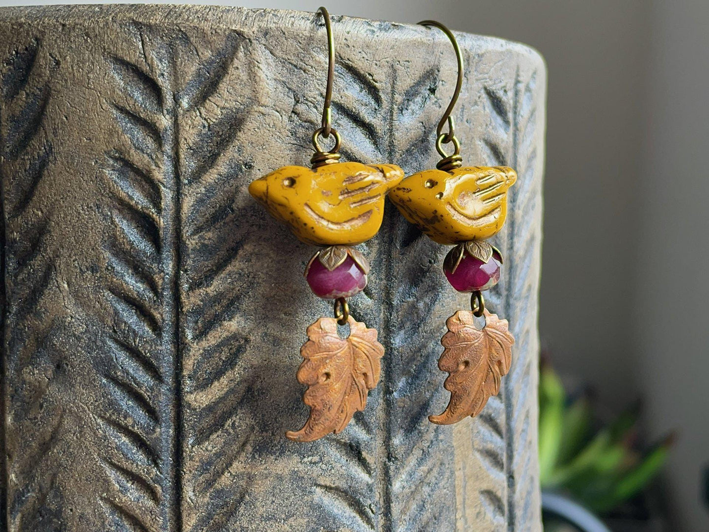 Rustic Yellow Czech Glass Bird Earrings. Autumn Earrings with Copper Leaf Charms. Nature Inspired Fall Jewellery