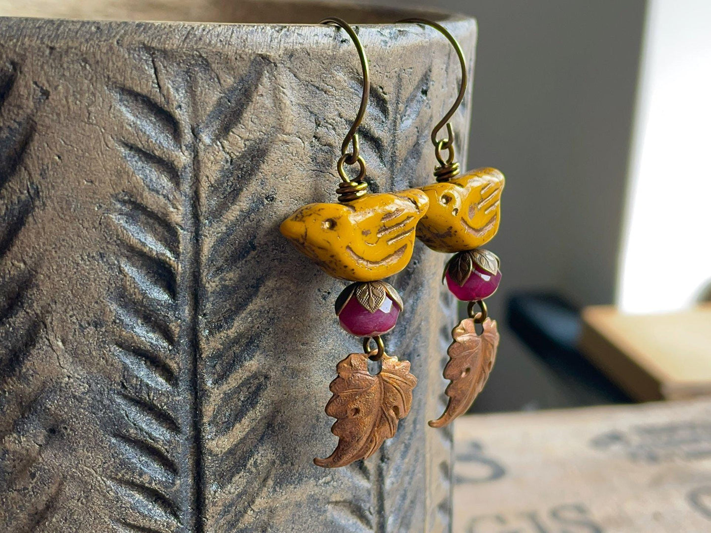 Rustic Yellow Czech Glass Bird Earrings. Autumn Earrings with Copper Leaf Charms. Nature Inspired Fall Jewellery