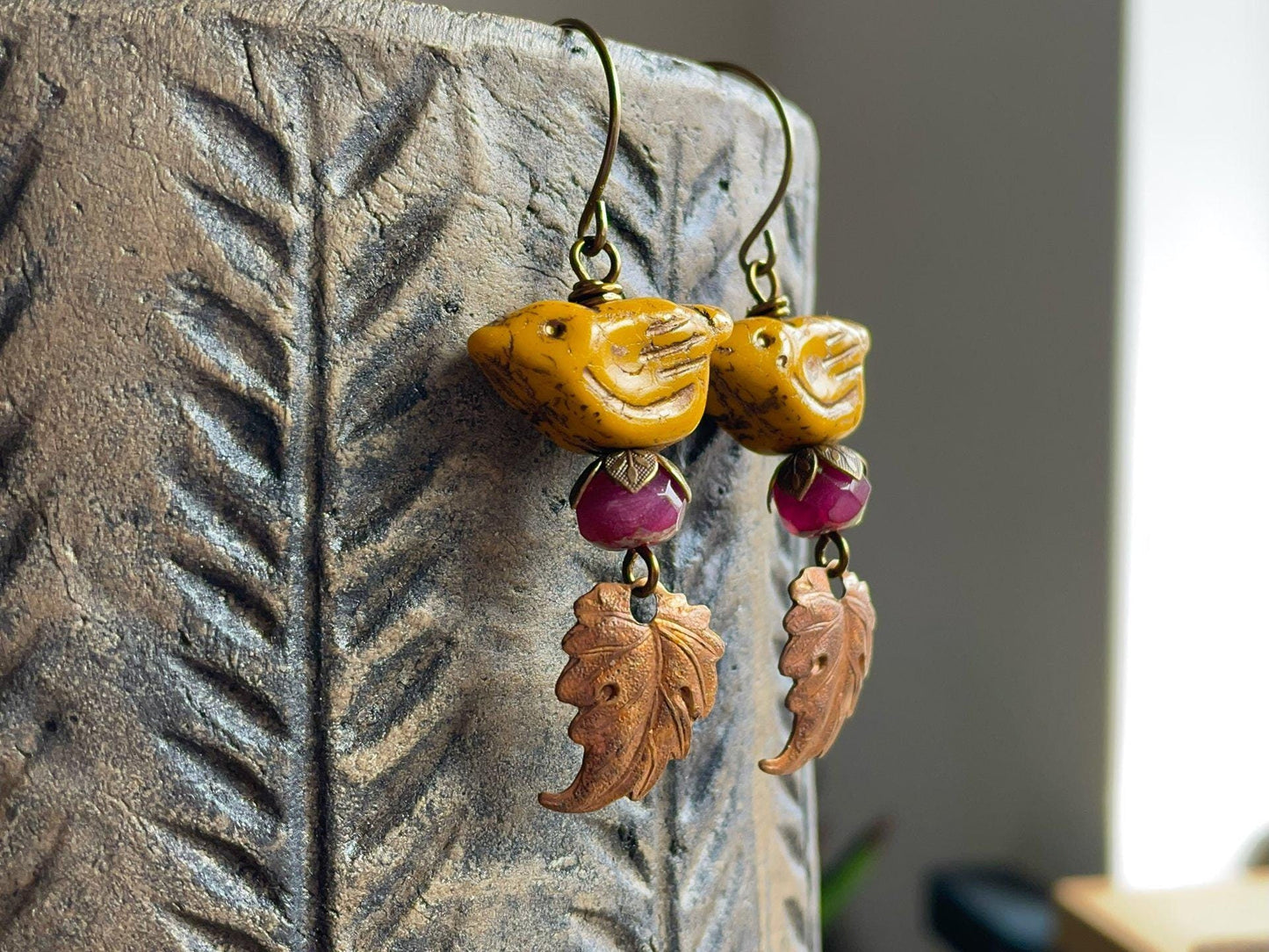 Rustic Yellow Czech Glass Bird Earrings. Autumn Earrings with Copper Leaf Charms. Nature Inspired Fall Jewellery