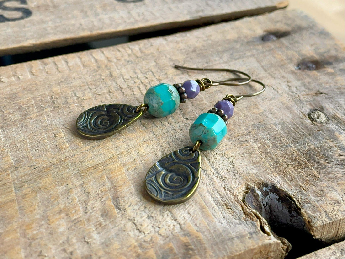 Turquoise & Purple Czech Glass Earrings with Oxidised Brass Charms. Bohemian Style Earrings. Colourful Jewellery for Summer