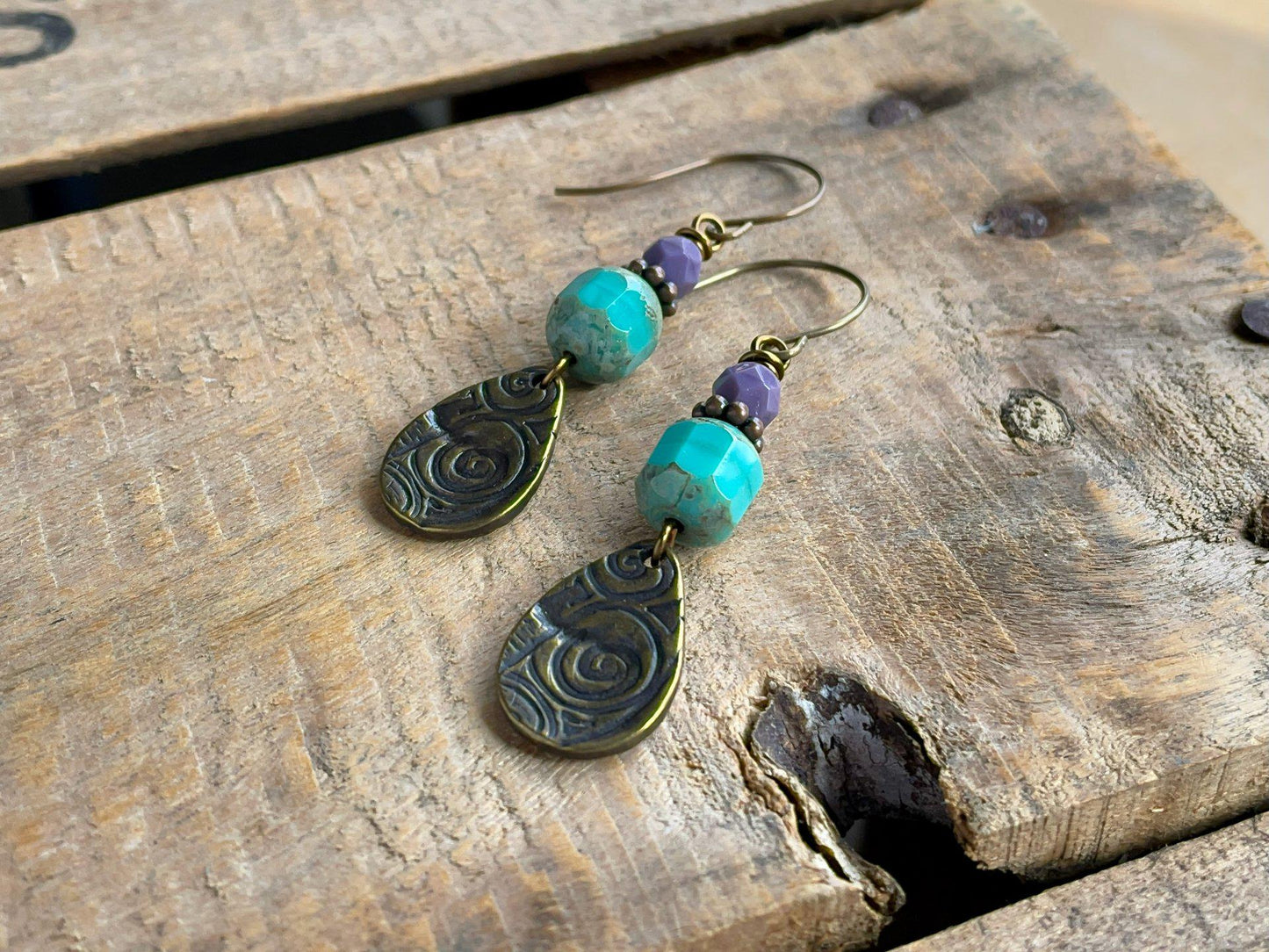 Turquoise & Purple Czech Glass Earrings with Oxidised Brass Charms. Bohemian Style Earrings. Colourful Jewellery for Summer