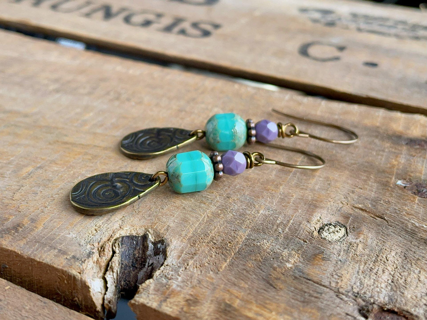 Turquoise & Purple Czech Glass Earrings with Oxidised Brass Charms. Bohemian Style Earrings. Colourful Jewellery for Summer