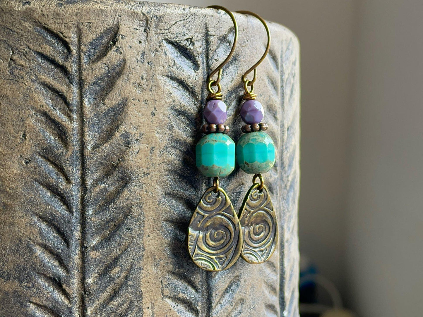 Turquoise & Purple Czech Glass Earrings with Oxidised Brass Charms. Bohemian Style Earrings. Colourful Jewellery for Summer