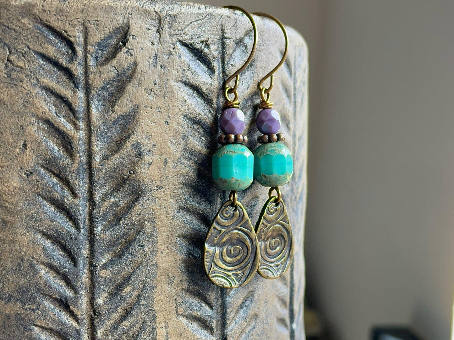 Turquoise & Purple Czech Glass Earrings with Oxidised Brass Charms. Bohemian Style Earrings. Colourful Jewellery for Summer