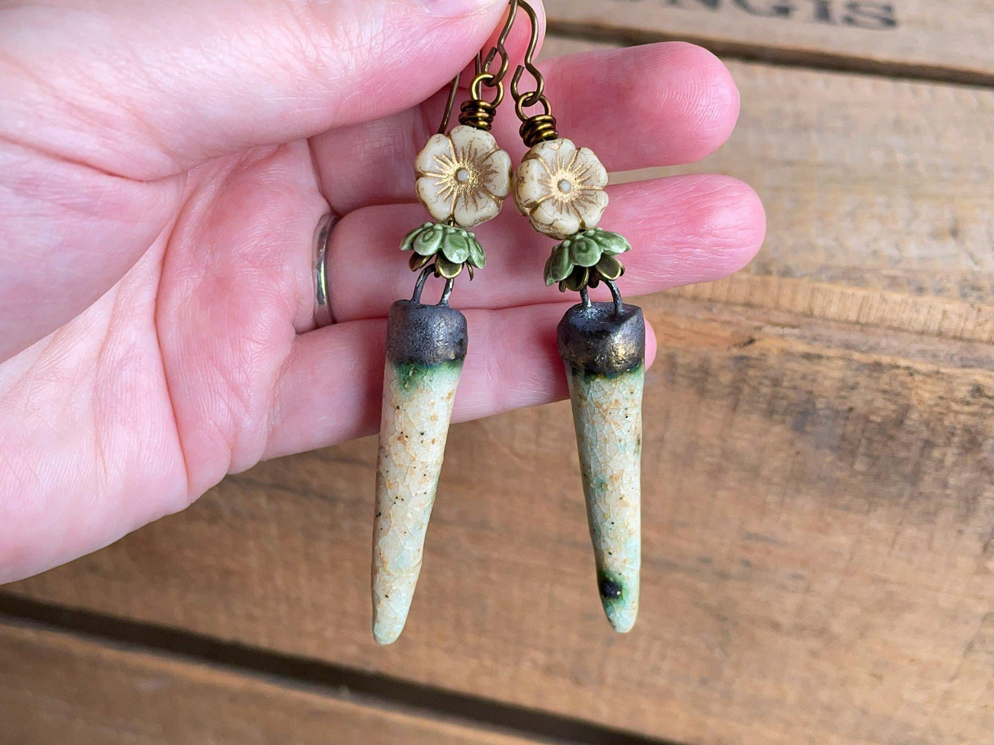 Artisan Ceramic Spike Earrings with Czech Glass Flowers. Winter Tone Earrings – Cream, Bronze & Green