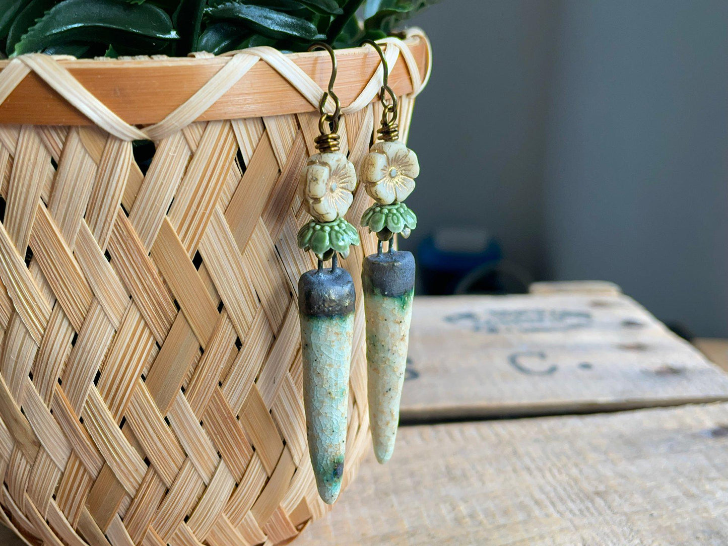 Artisan Ceramic Spike Earrings with Czech Glass Flowers. Winter Tone Earrings – Cream, Bronze & Green