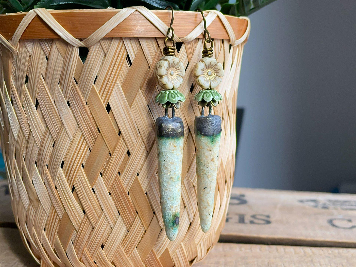 Artisan Ceramic Spike Earrings with Czech Glass Flowers. Winter Tone Earrings – Cream, Bronze & Green