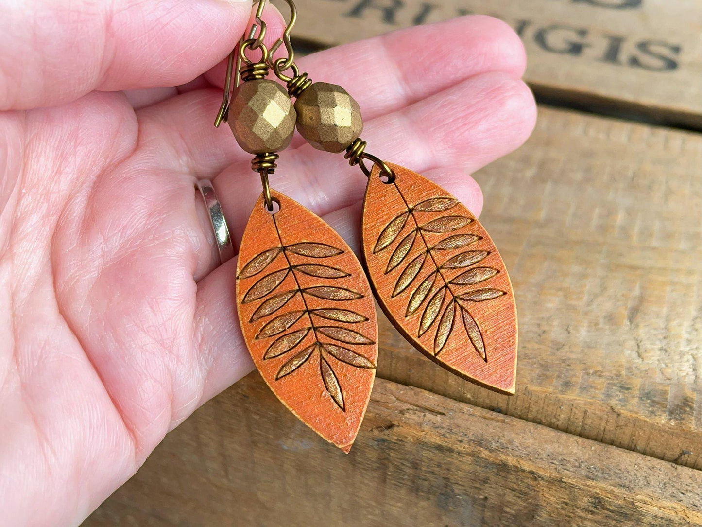 Hand Painted Wooden Charm Earrings in Orange & Bronze. Lightweight Earrings. Bohemian Style Jewellery for Autumn