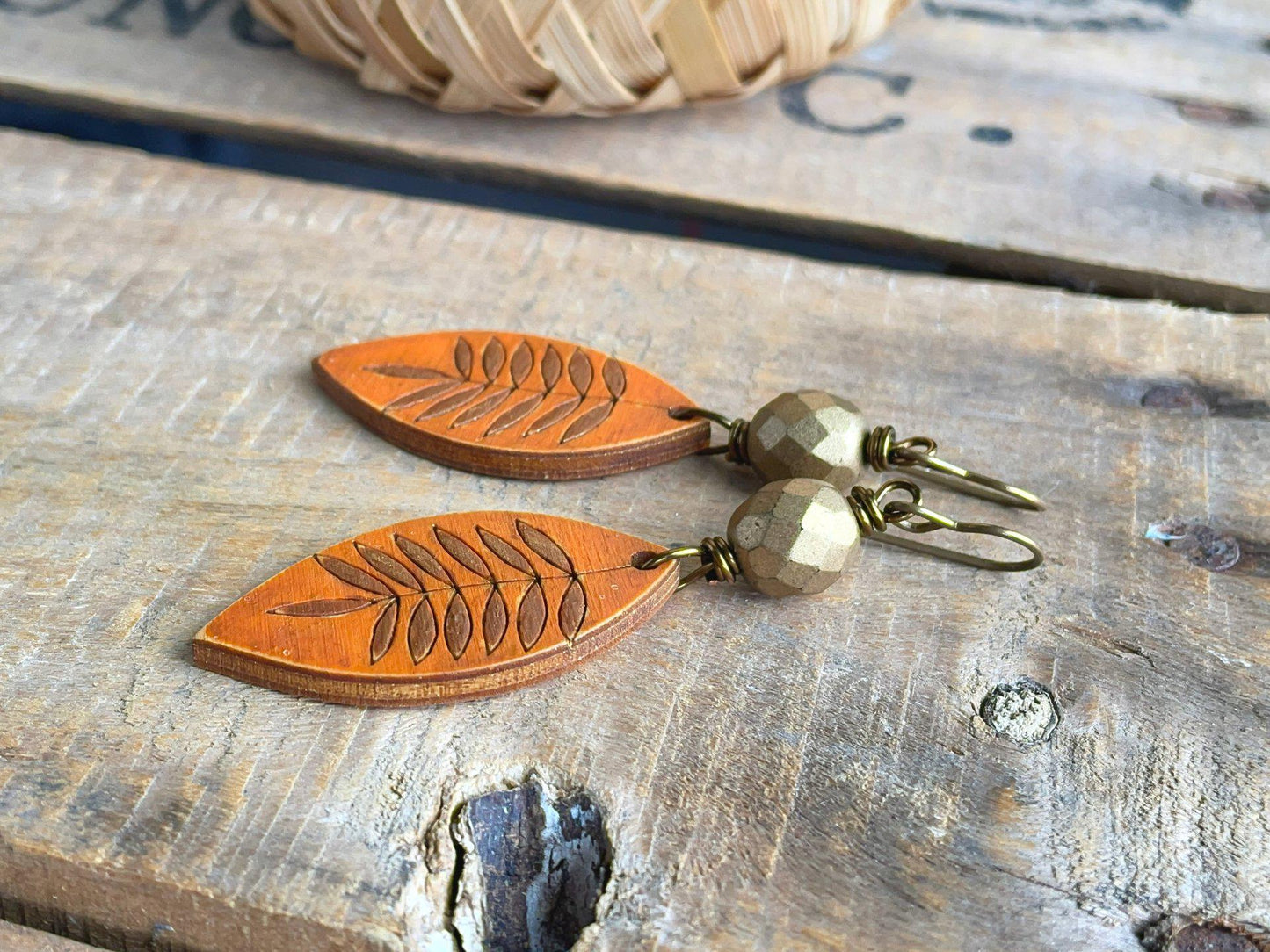 Hand Painted Wooden Charm Earrings in Orange & Bronze. Lightweight Earrings. Bohemian Style Jewellery for Autumn