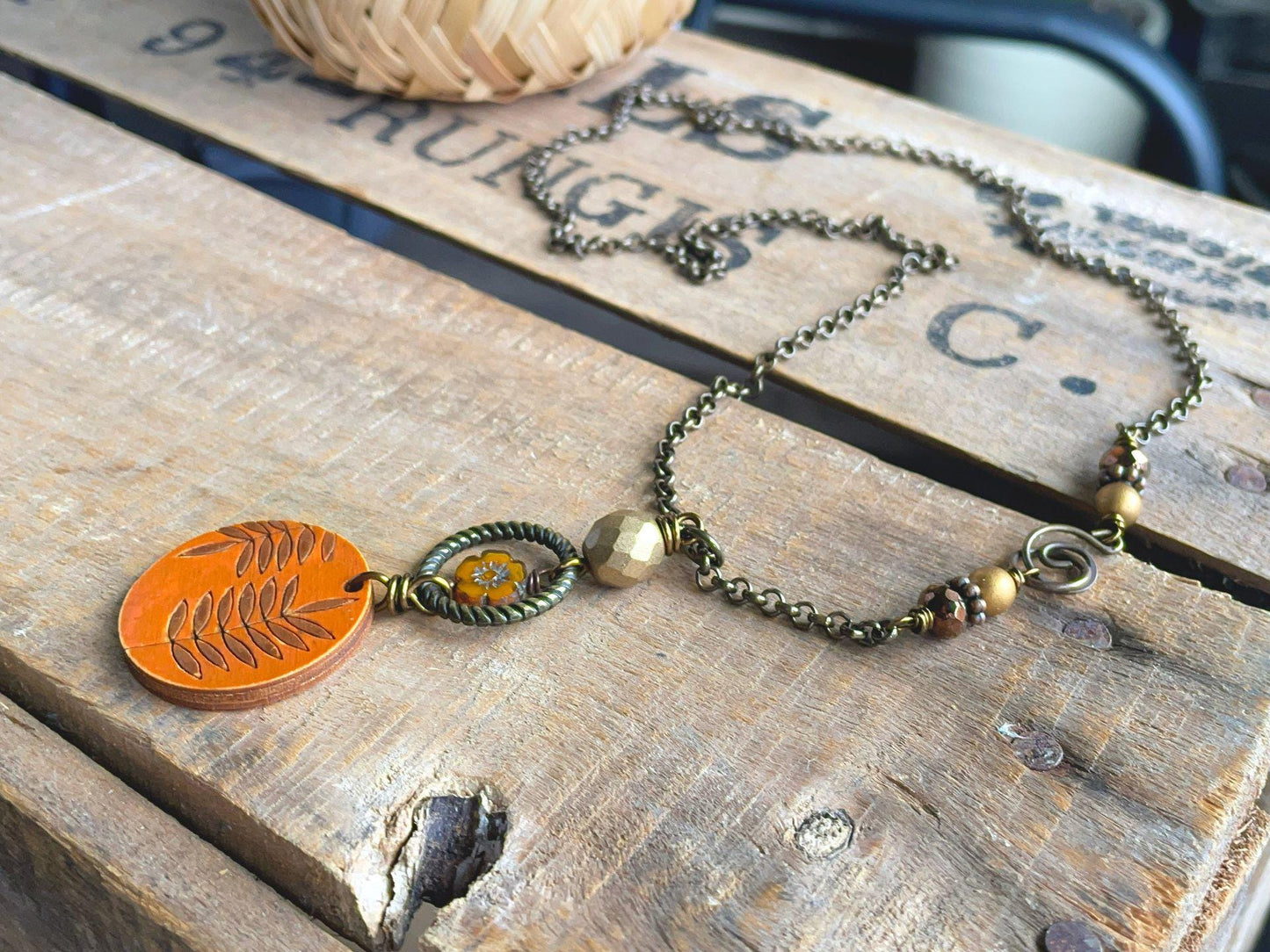 Hand Painted Orange & Bronze Wooden Pendant. Brass Chain Necklace with Czech Glass. Bohemian Style Jewellery for Autumn