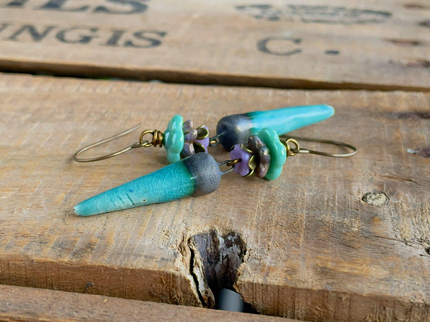 Turquoise Artisan Ceramic Spike Earrings with Czech Glass Flowers. One of a Kind Bohemian Style Jewellery