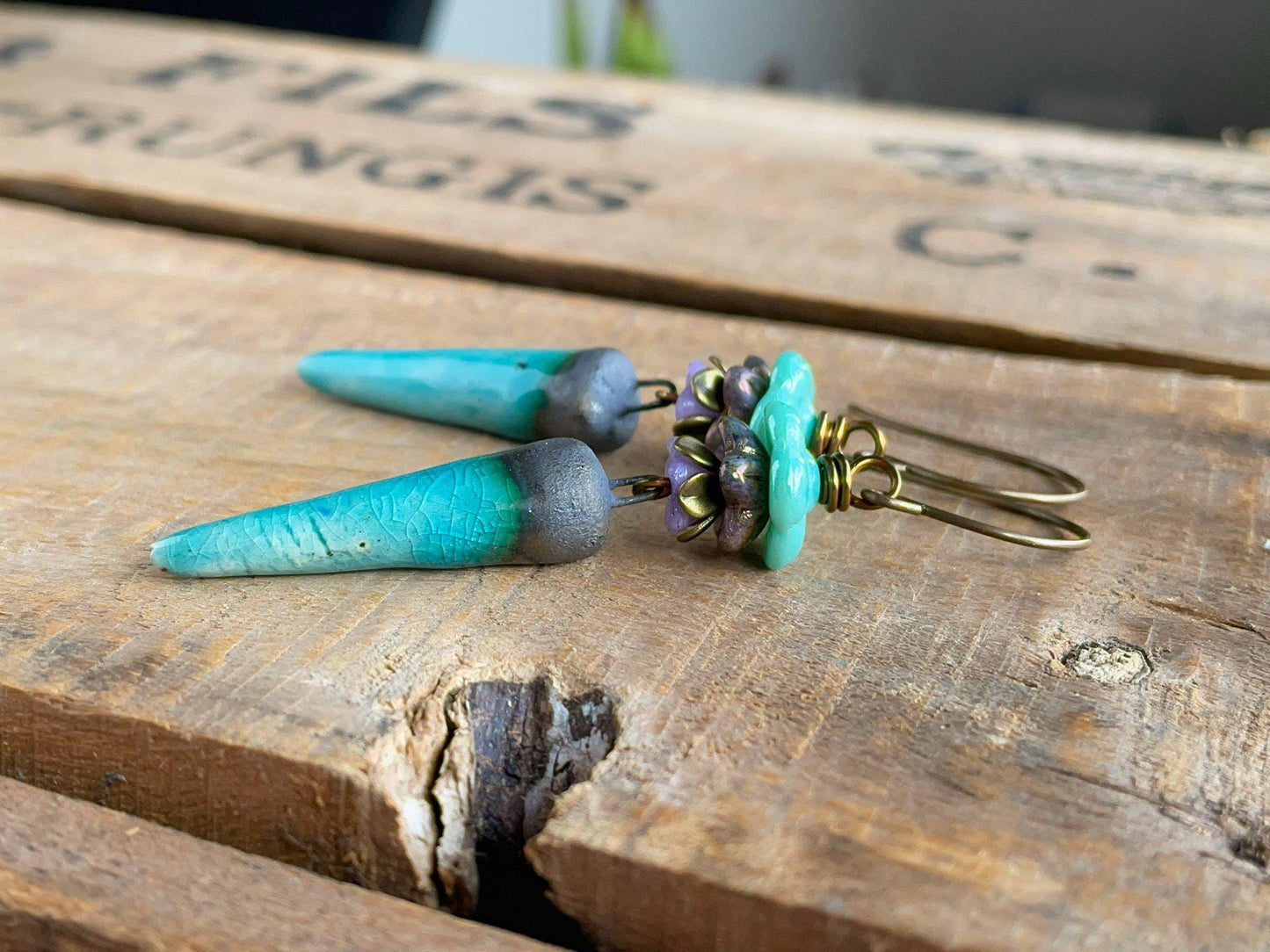 Turquoise Artisan Ceramic Spike Earrings with Czech Glass Flowers. One of a Kind Bohemian Style Jewellery