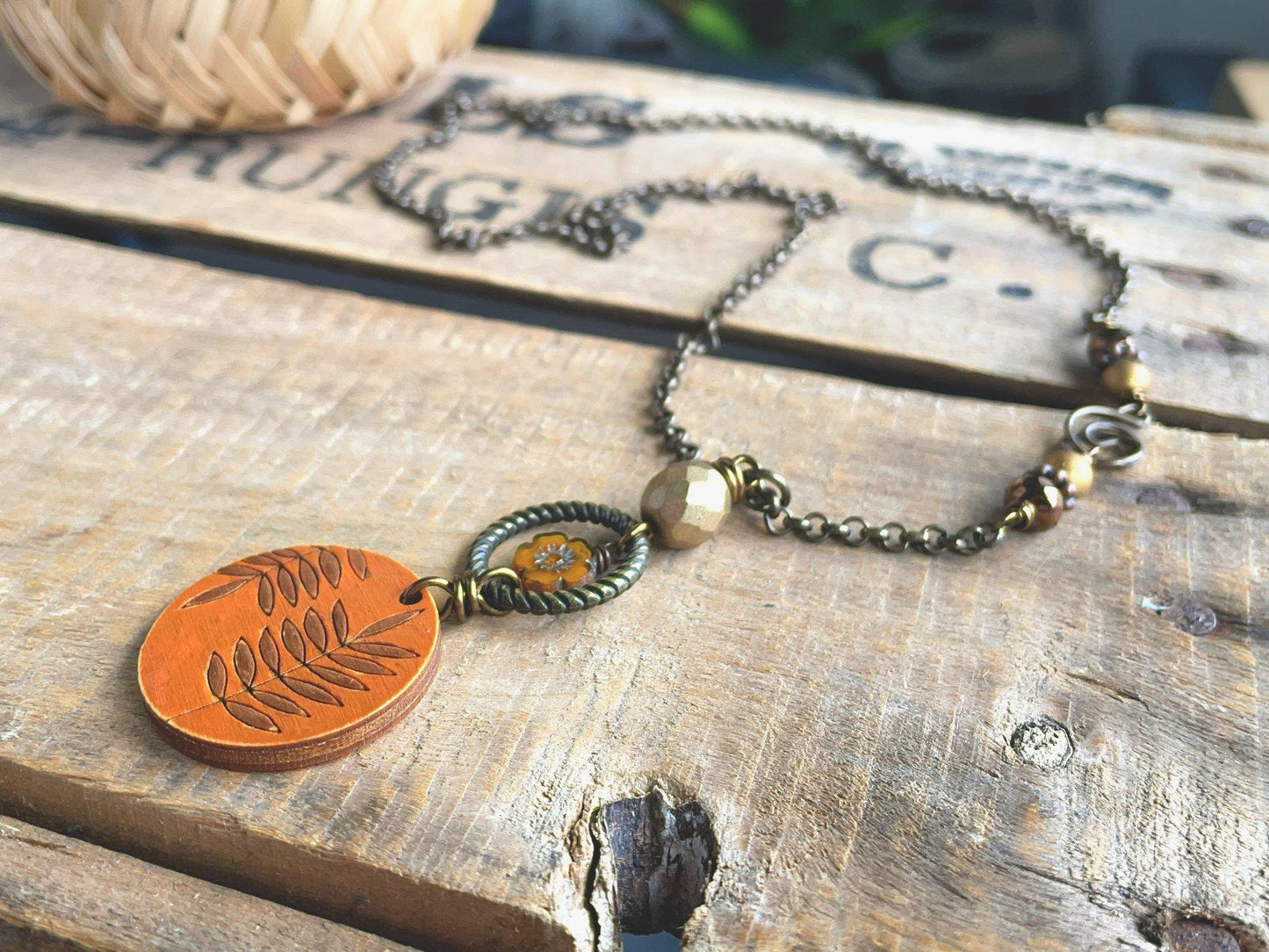 Hand Painted Orange & Bronze Wooden Pendant. Brass Chain Necklace with Czech Glass. Bohemian Style Jewellery for Autumn