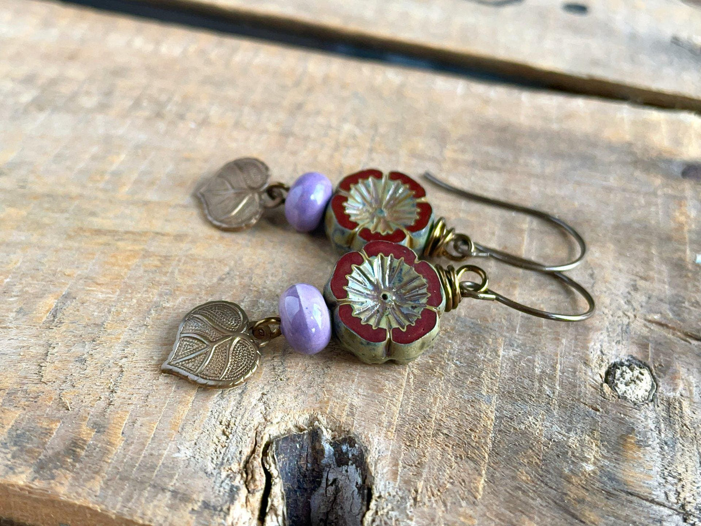 Autumnal Czech Glass Flower Earrings with Brass Leaf Charms. Burgundy Red Floral Earrings. Nature Inspired Fall Jewelry