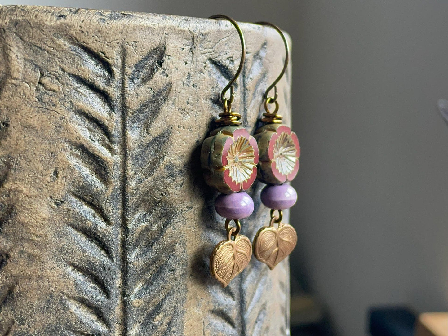 Autumnal Czech Glass Flower Earrings with Brass Leaf Charms. Burgundy Red Floral Earrings. Nature Inspired Fall Jewelry