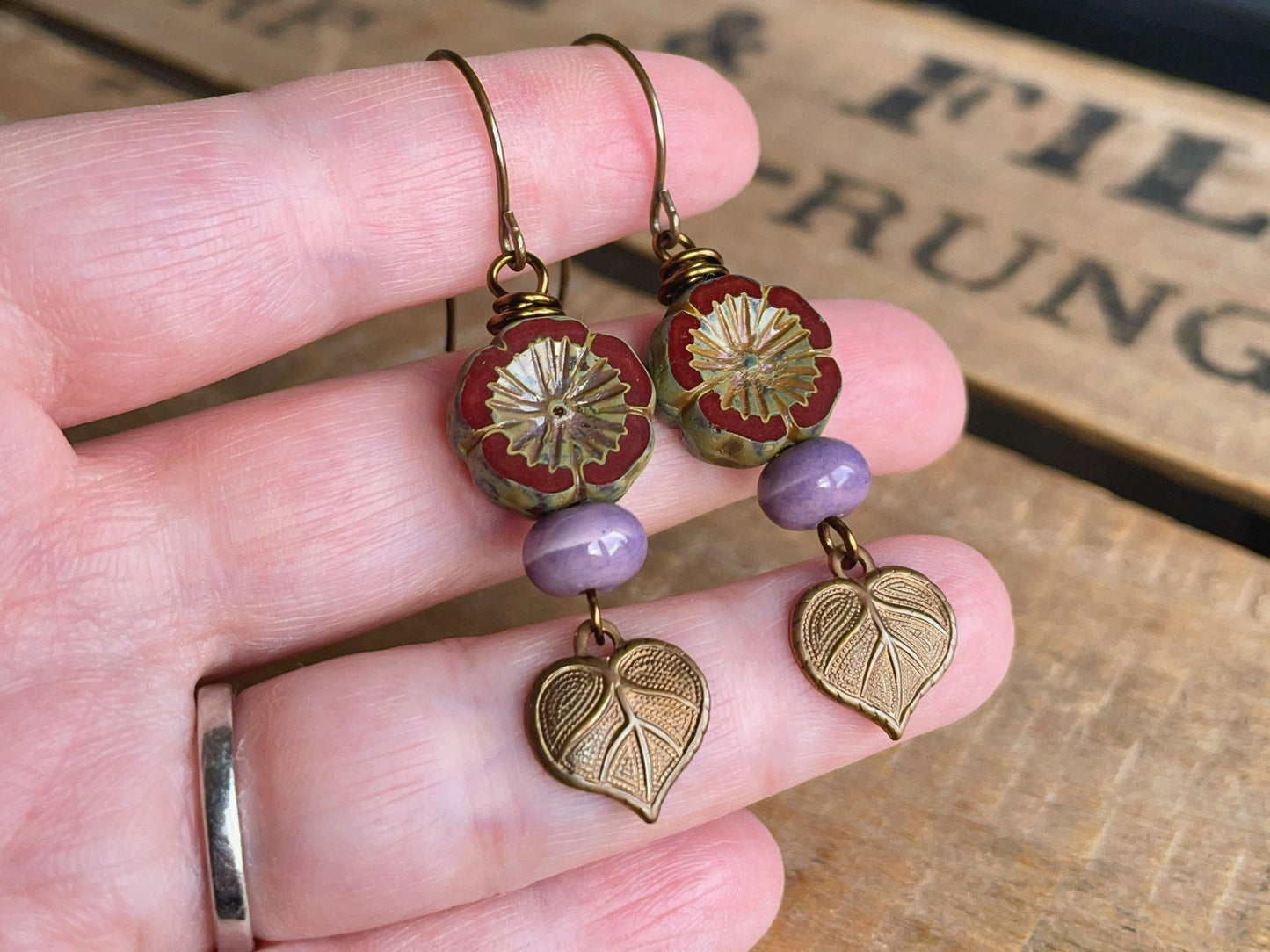 Autumnal Czech Glass Flower Earrings with Brass Leaf Charms. Burgundy Red Floral Earrings. Nature Inspired Fall Jewelry