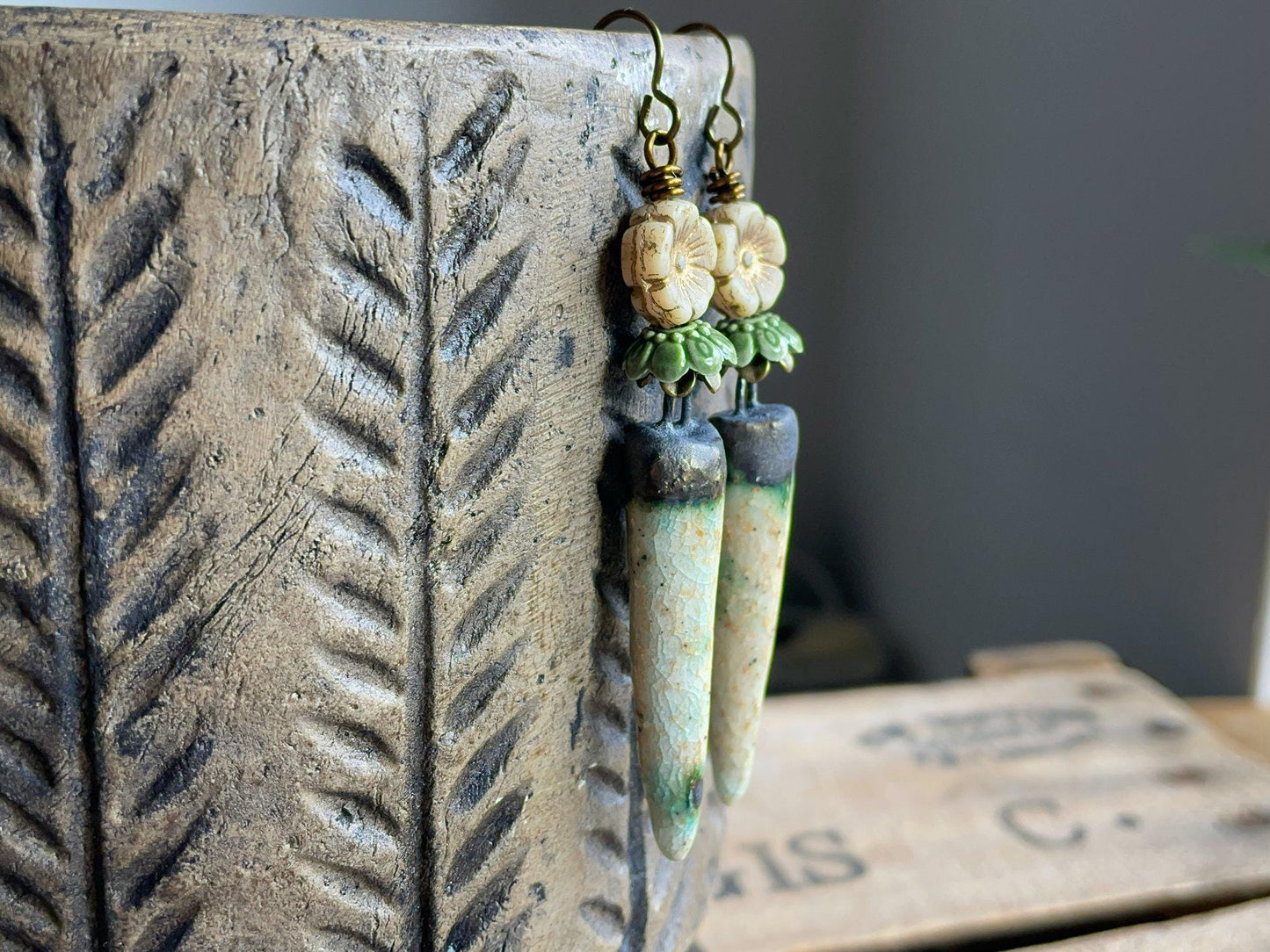 Artisan Ceramic Spike Earrings with Czech Glass Flowers. Winter Tone Earrings – Cream, Bronze & Green