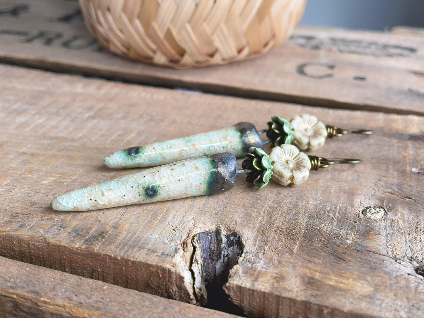 Artisan Ceramic Spike Earrings with Czech Glass Flowers. Winter Tone Earrings – Cream, Bronze & Green