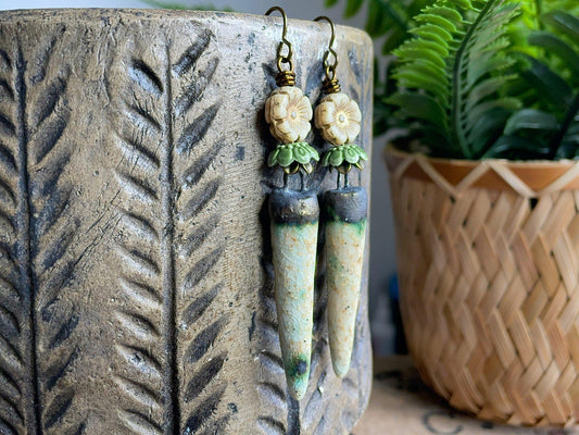 Artisan Ceramic Spike Earrings with Czech Glass Flowers. Winter Tone Earrings – Cream, Bronze & Green