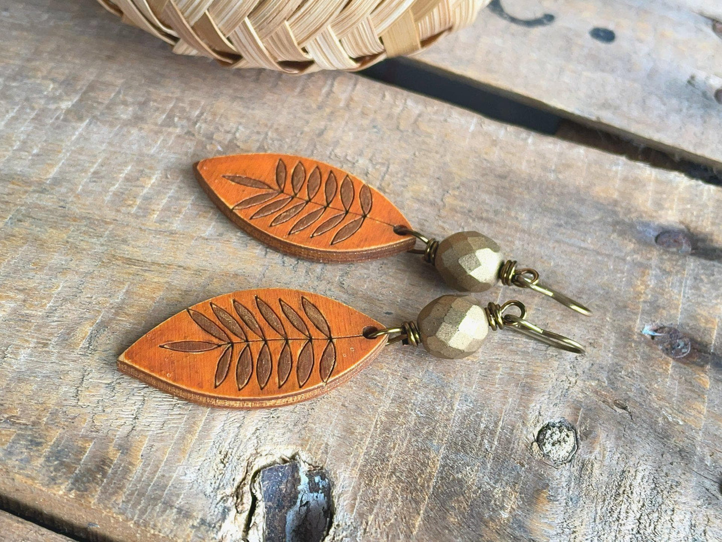 Hand Painted Wooden Charm Earrings in Orange & Bronze. Lightweight Earrings. Bohemian Style Jewellery for Autumn