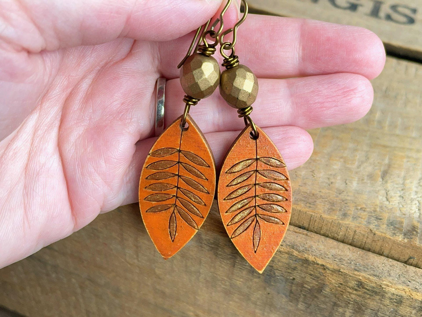 Hand Painted Wooden Charm Earrings in Orange & Bronze. Lightweight Earrings. Bohemian Style Jewellery for Autumn