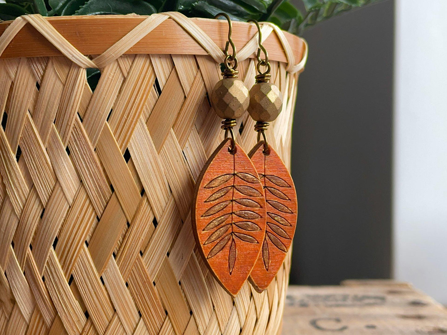 Hand Painted Wooden Charm Earrings in Orange & Bronze. Lightweight Earrings. Bohemian Style Jewellery for Autumn