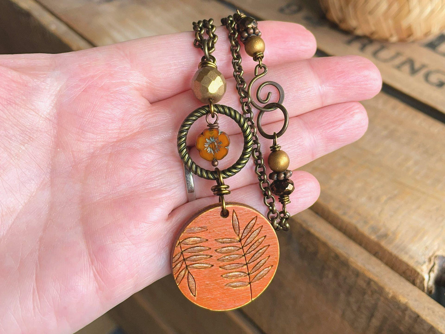 Hand Painted Orange & Bronze Wooden Pendant. Brass Chain Necklace with Czech Glass. Bohemian Style Jewellery for Autumn