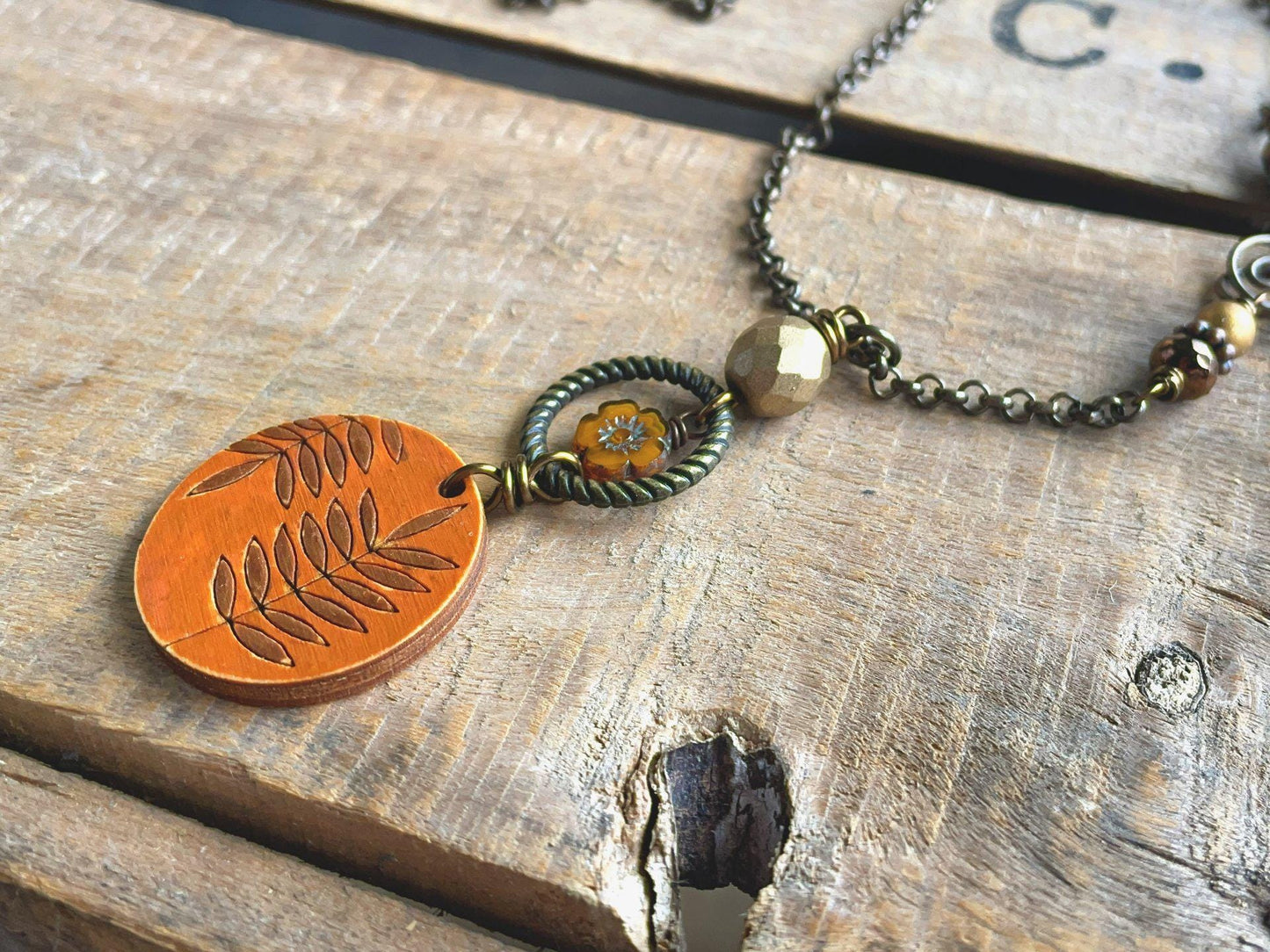 Hand Painted Orange & Bronze Wooden Pendant. Brass Chain Necklace with Czech Glass. Bohemian Style Jewellery for Autumn