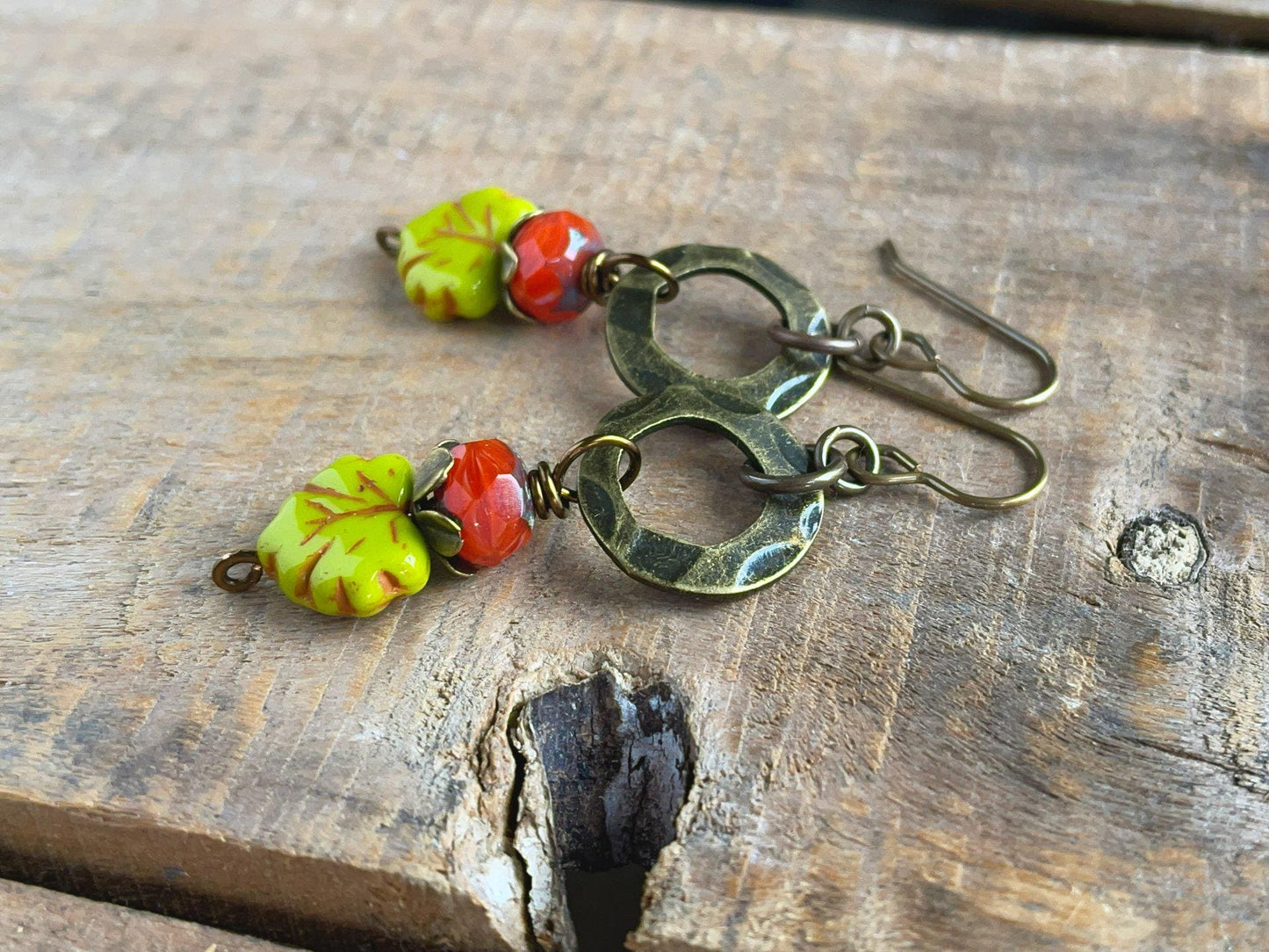 Green & Orange Czech Glass Maple Leaf Earrings. Autumn Jewellery Inspired by Nature