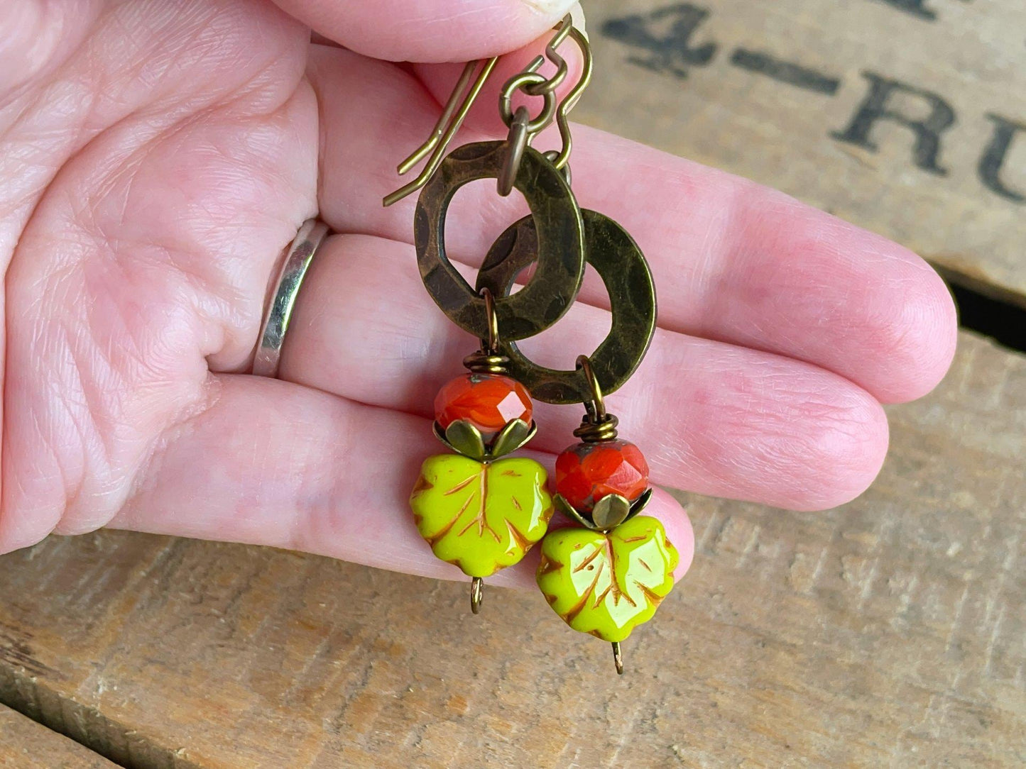 Green & Orange Czech Glass Maple Leaf Earrings. Autumn Jewellery Inspired by Nature