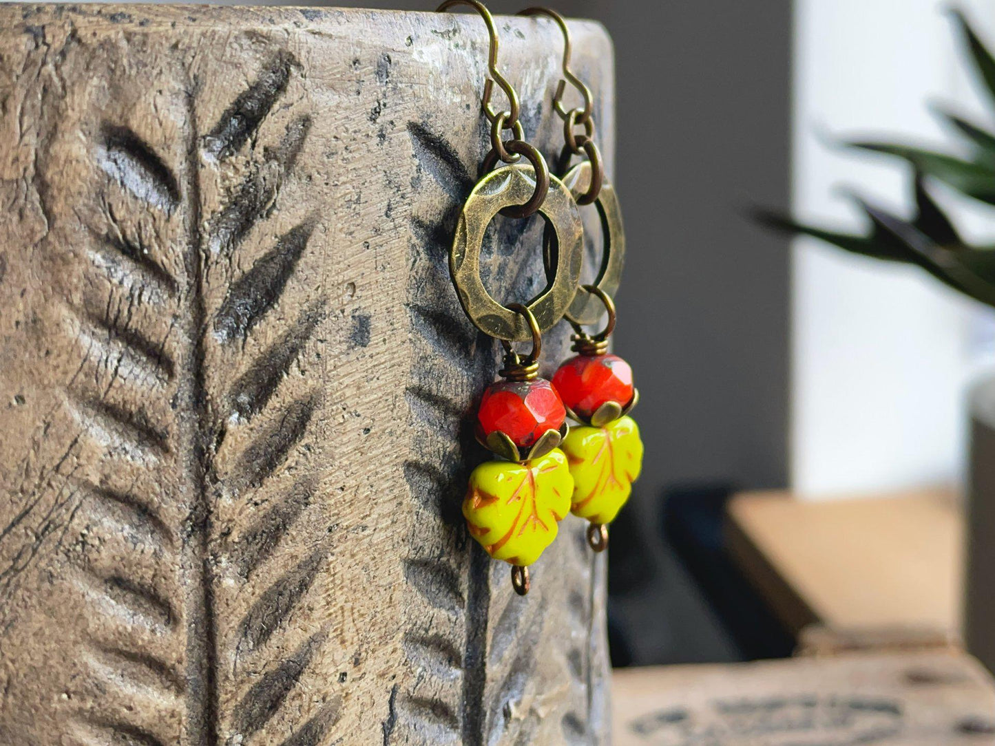 Green & Orange Czech Glass Maple Leaf Earrings. Autumn Jewellery Inspired by Nature