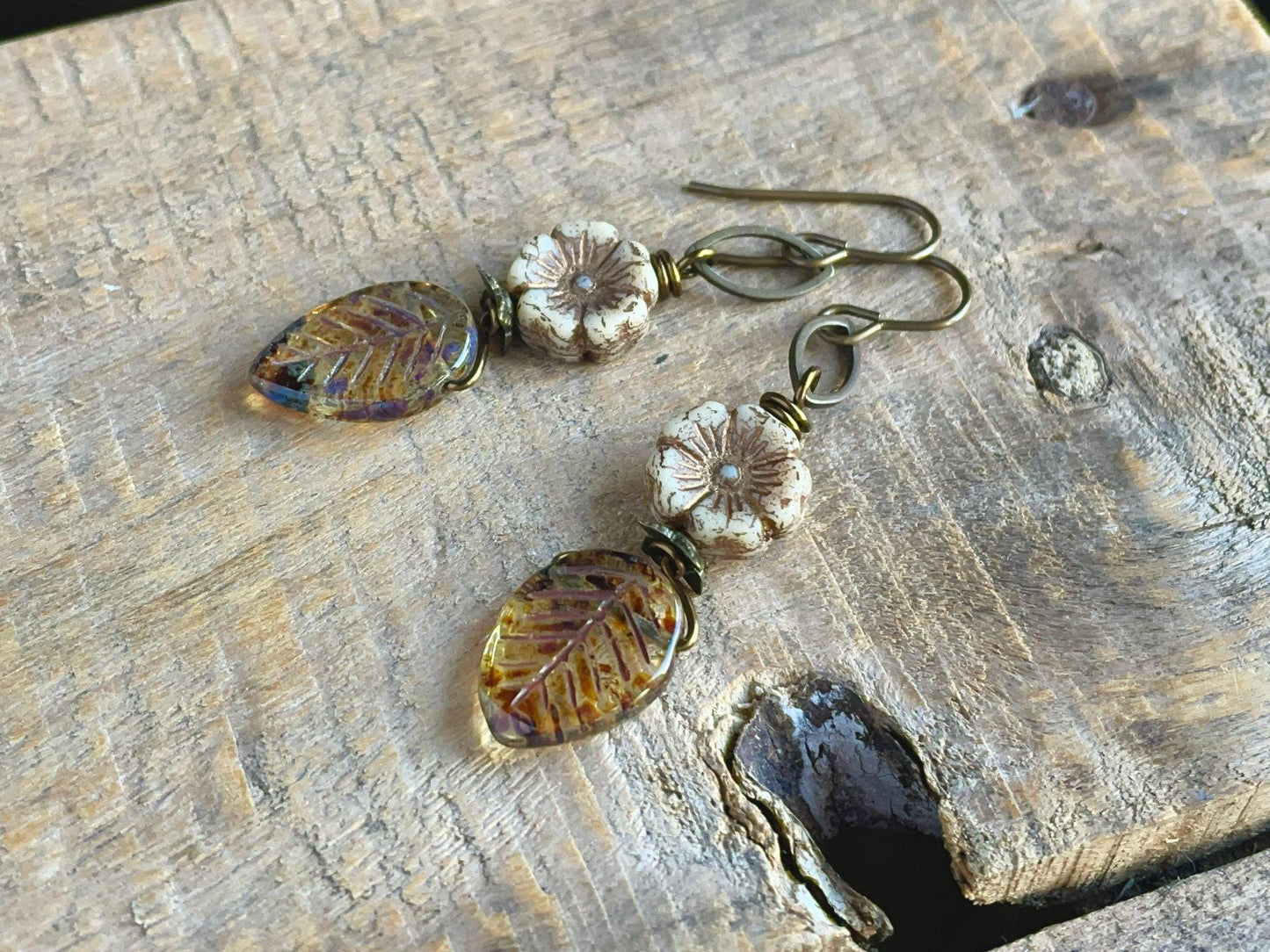 Amber Czech Glass Leaf Earrings with Rustic Cream Flowers and Hand Antiqued Brass. Nature Inspired Jewellery