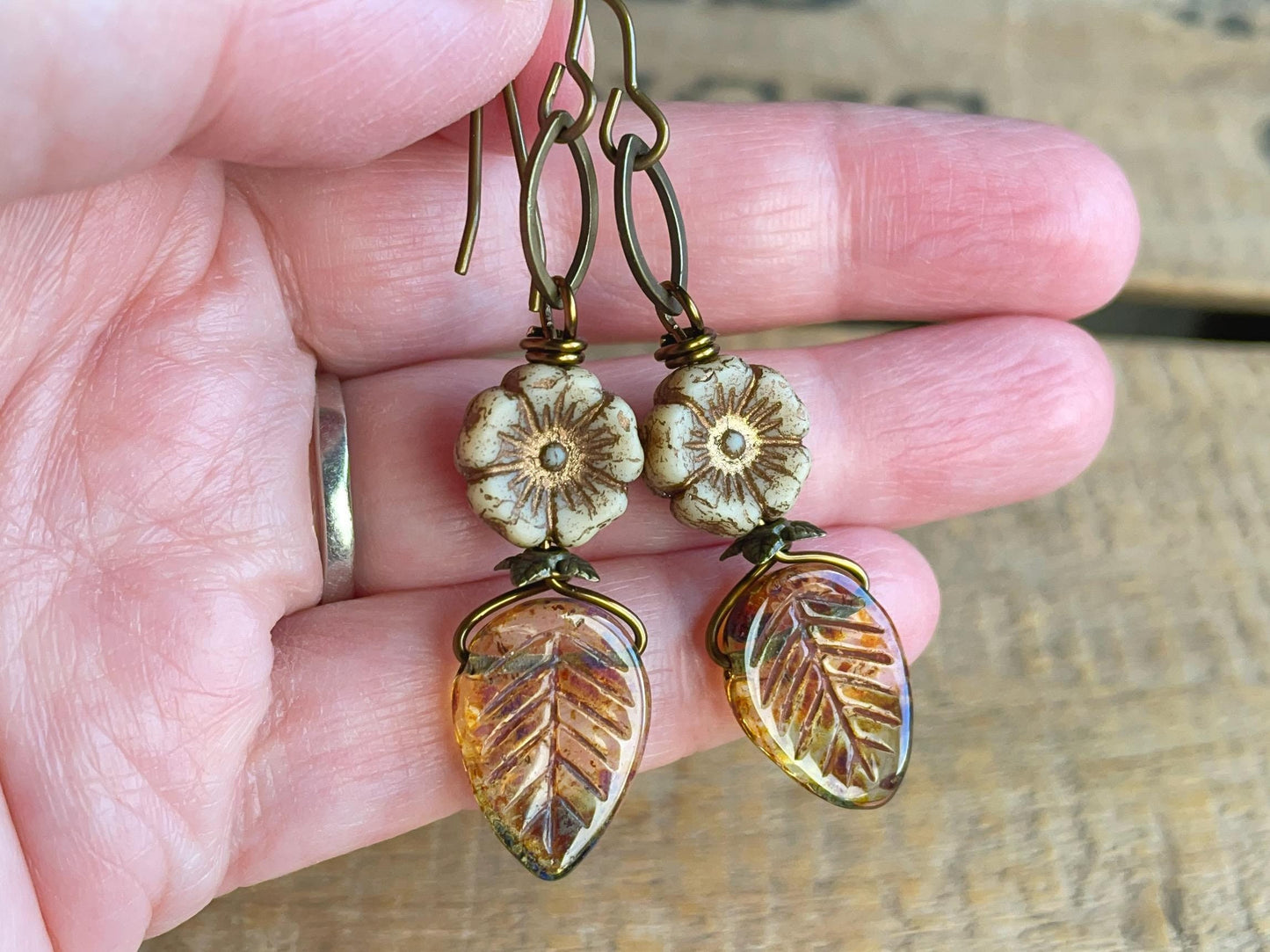 Amber Czech Glass Leaf Earrings with Rustic Cream Flowers and Hand Antiqued Brass. Nature Inspired Jewellery