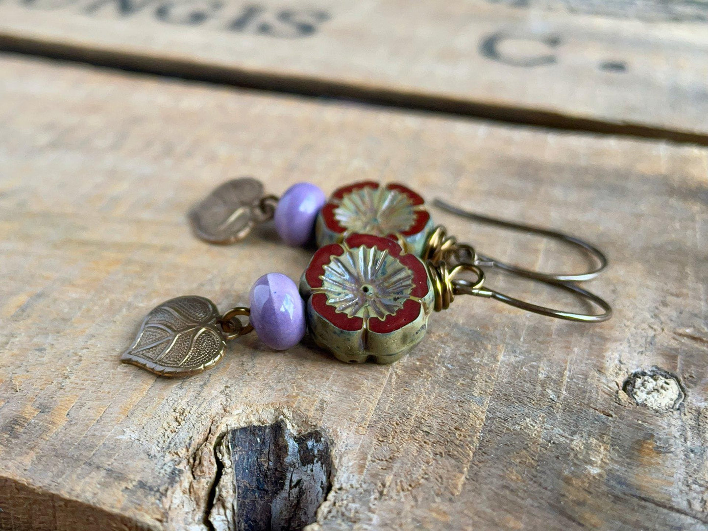 Autumnal Czech Glass Flower Earrings with Brass Leaf Charms. Burgundy Red Floral Earrings. Nature Inspired Fall Jewelry