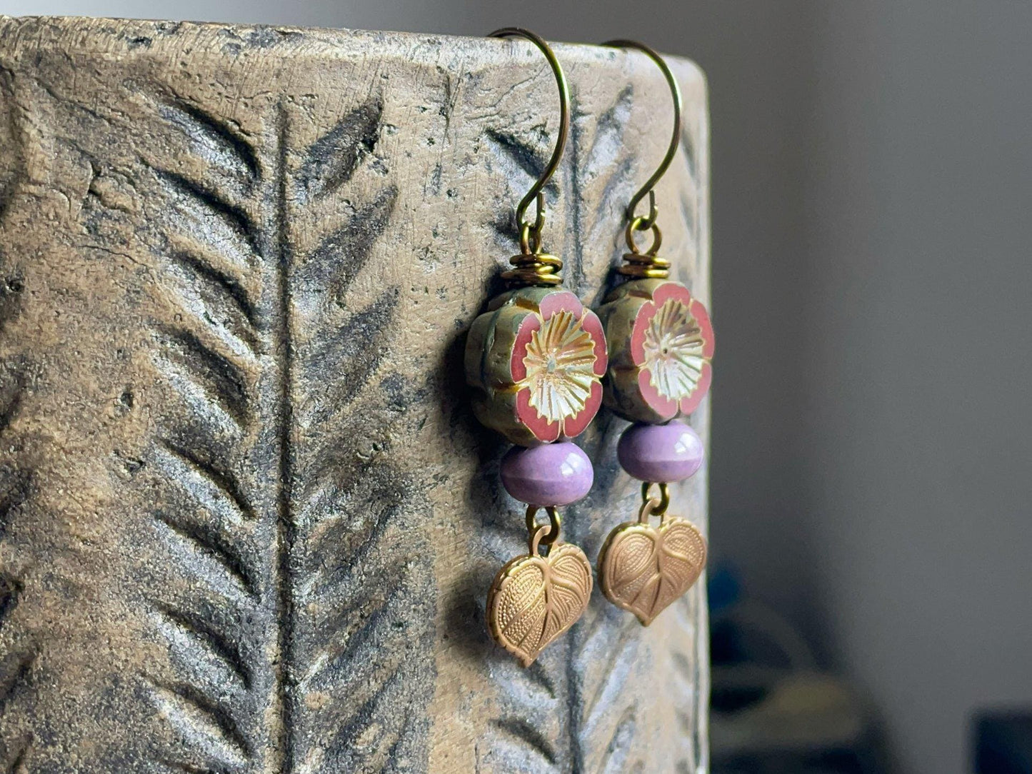 Autumnal Czech Glass Flower Earrings with Brass Leaf Charms. Burgundy Red Floral Earrings. Nature Inspired Fall Jewelry