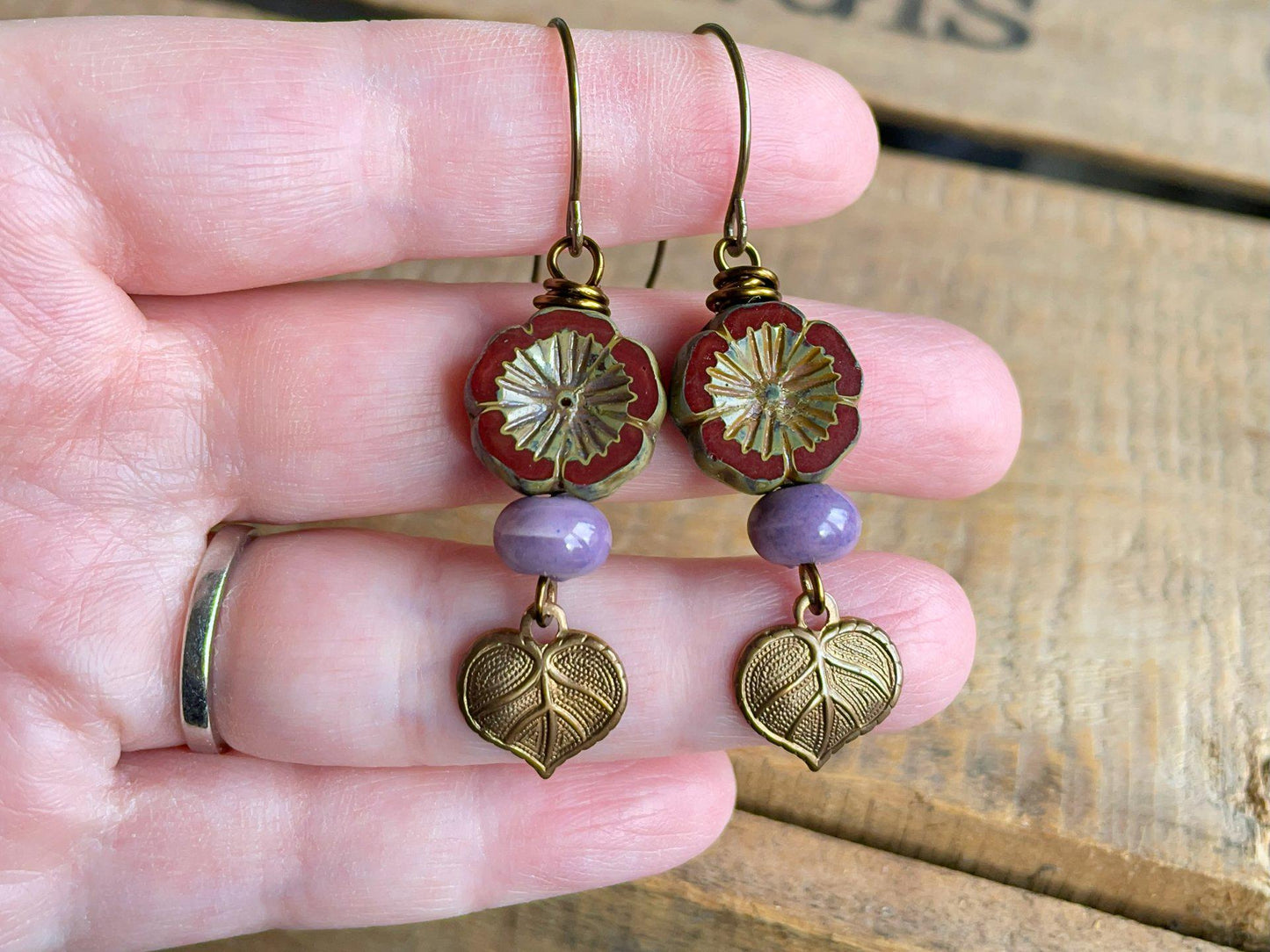 Autumnal Czech Glass Flower Earrings with Brass Leaf Charms. Burgundy Red Floral Earrings. Nature Inspired Fall Jewelry