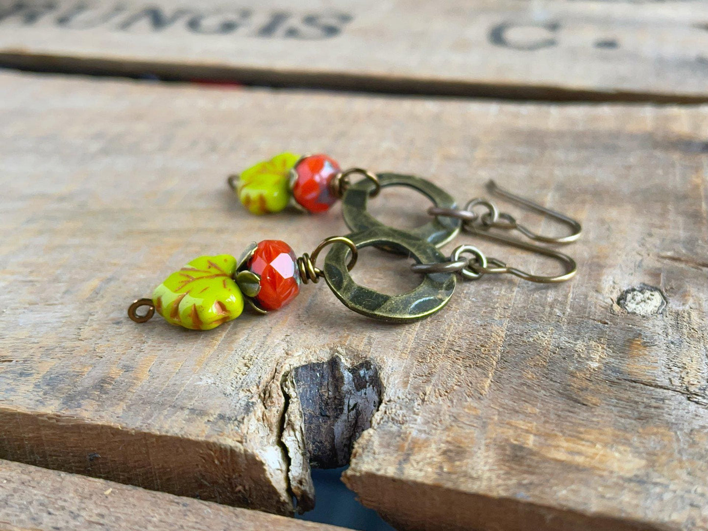 Green & Orange Czech Glass Maple Leaf Earrings. Autumn Jewellery Inspired by Nature