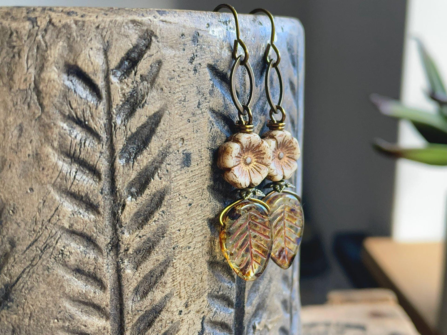 Amber Czech Glass Leaf Earrings with Rustic Cream Flowers and Hand Antiqued Brass. Nature Inspired Jewellery