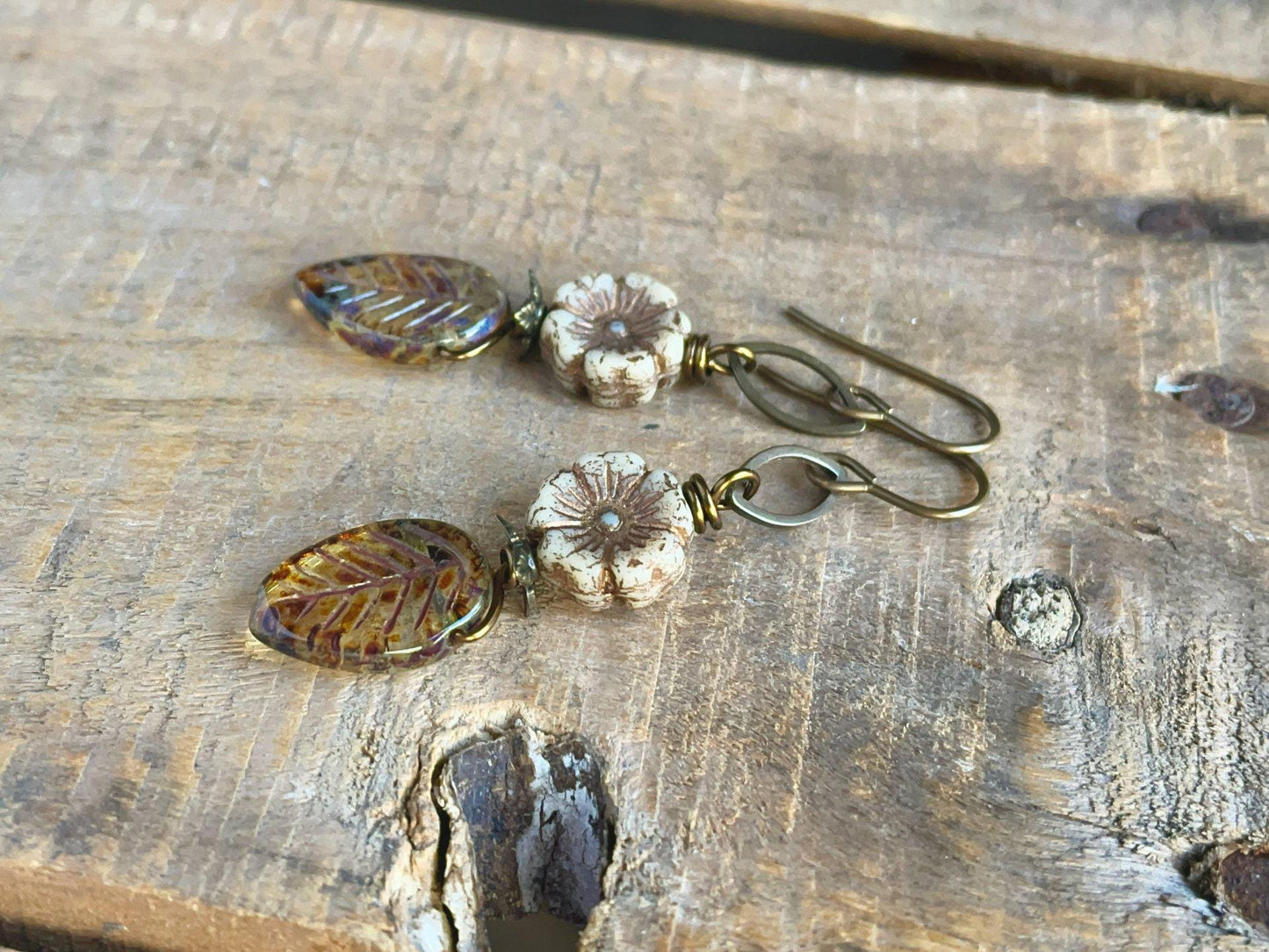 Amber Czech Glass Leaf Earrings with Rustic Cream Flowers and Hand Antiqued Brass. Nature Inspired Jewellery