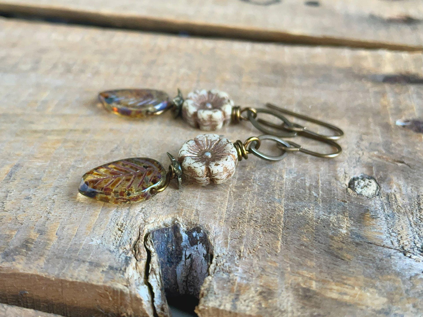 Amber Czech Glass Leaf Earrings with Rustic Cream Flowers and Hand Antiqued Brass. Nature Inspired Jewellery