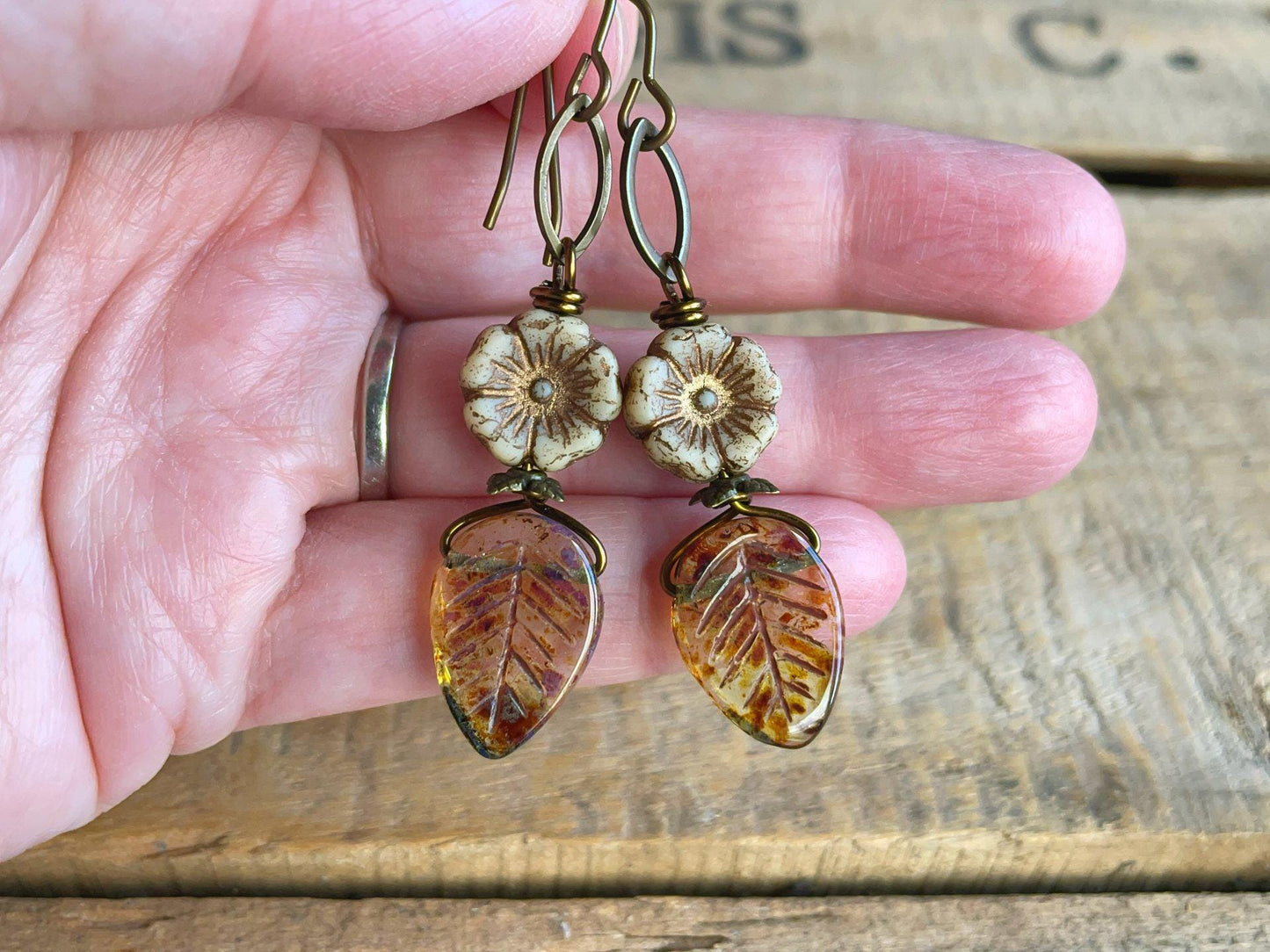 Amber Czech Glass Leaf Earrings with Rustic Cream Flowers and Hand Antiqued Brass. Nature Inspired Jewellery